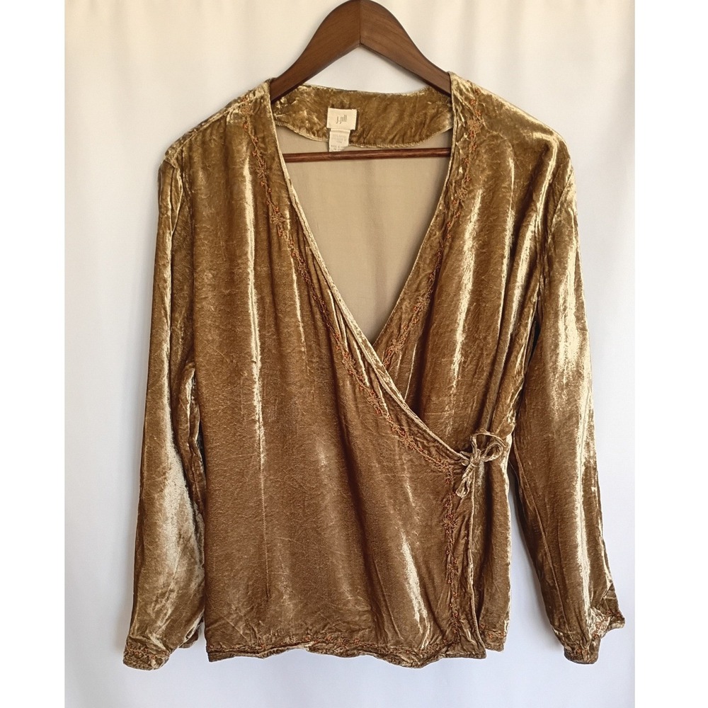 Vintage J. Jill Velvet Wrap Top Gold Bronze‎ Beaded Long Sleeve Blouse Size 10
